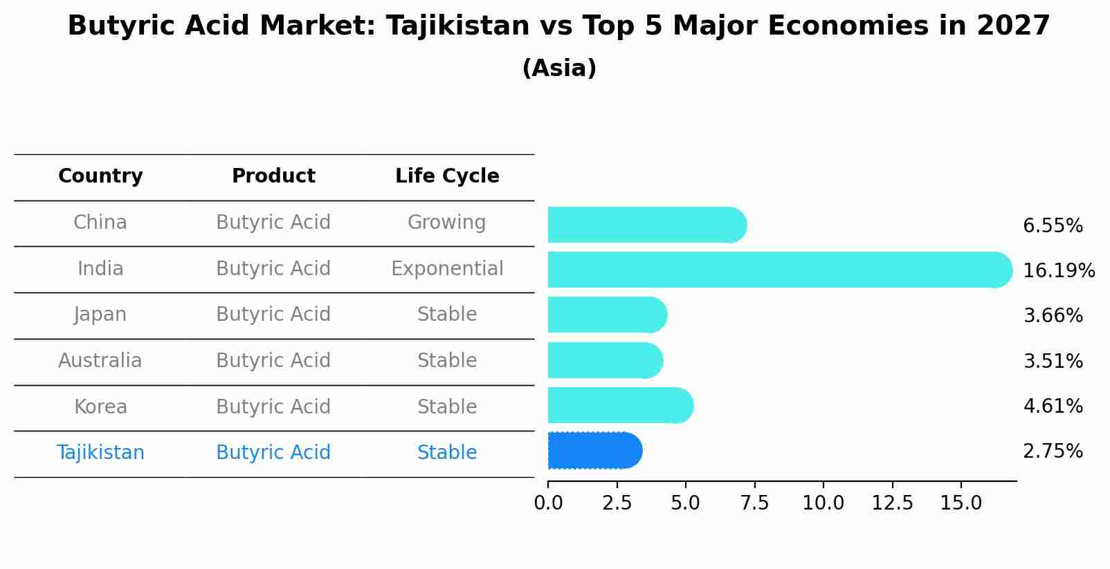 Butyric Acid Market: Tajikistan vs Top 5 Major Economies in 2027 (Asia)