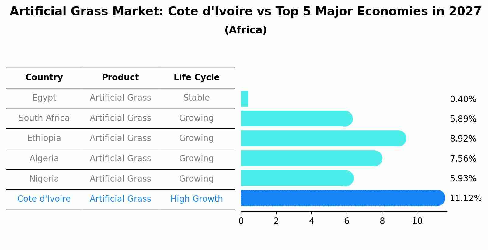 Artificial Grass Market: Cote d'Ivoire vs Top 5 Major Economies in 2027 (Africa)
