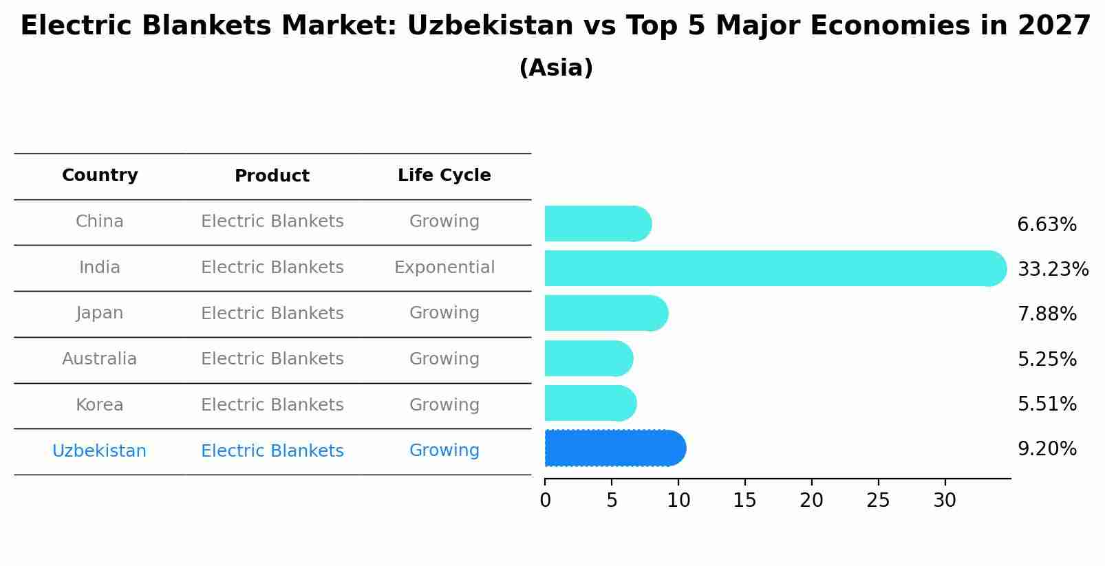 Electric Blankets Market: Uzbekistan vs Top 5 Major Economies in 2027 (Asia)