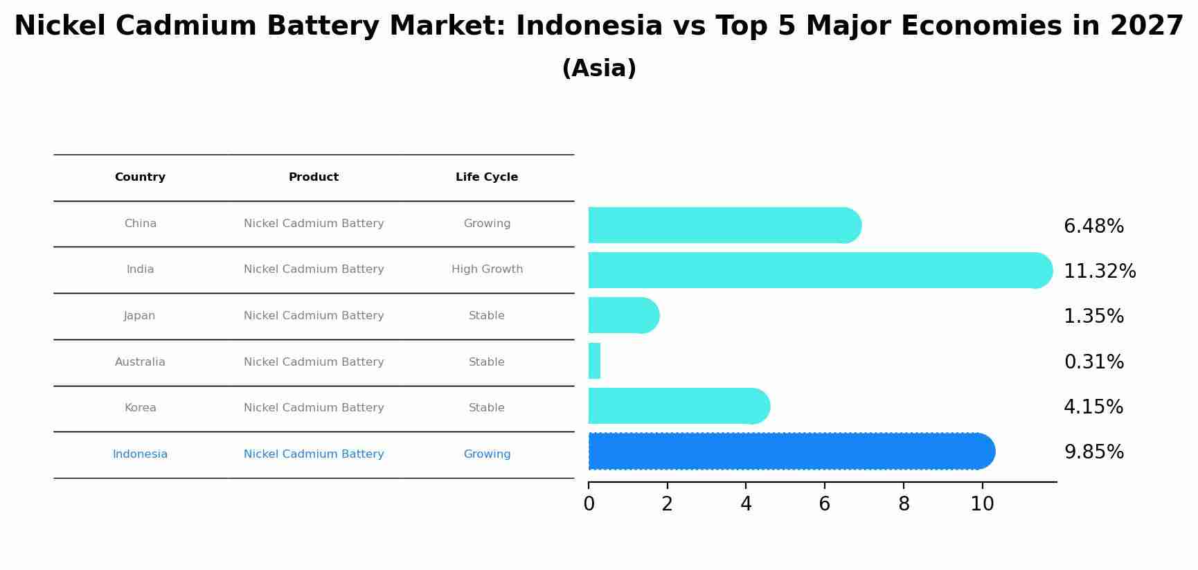Nickel Cadmium Battery Market: Indonesia vs Top 5 Major Economies in 2027 (Asia)