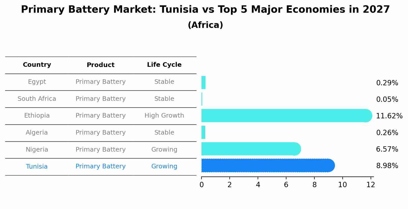 Primary Battery Market: Tunisia vs Top 5 Major Economies in 2027 (Africa)