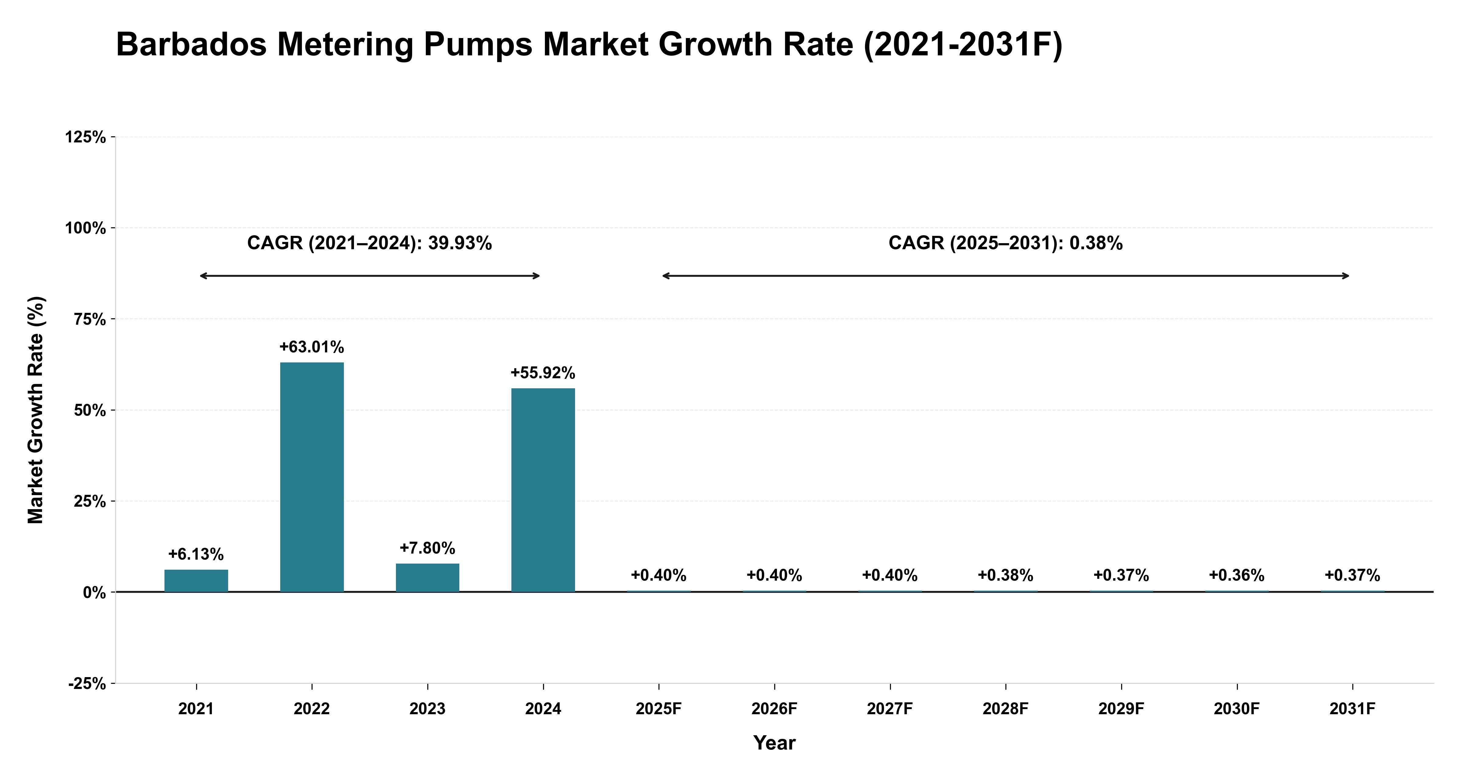 Barbados Metering Pumps Market Year-wise Growth Rate (2021-2031F)
