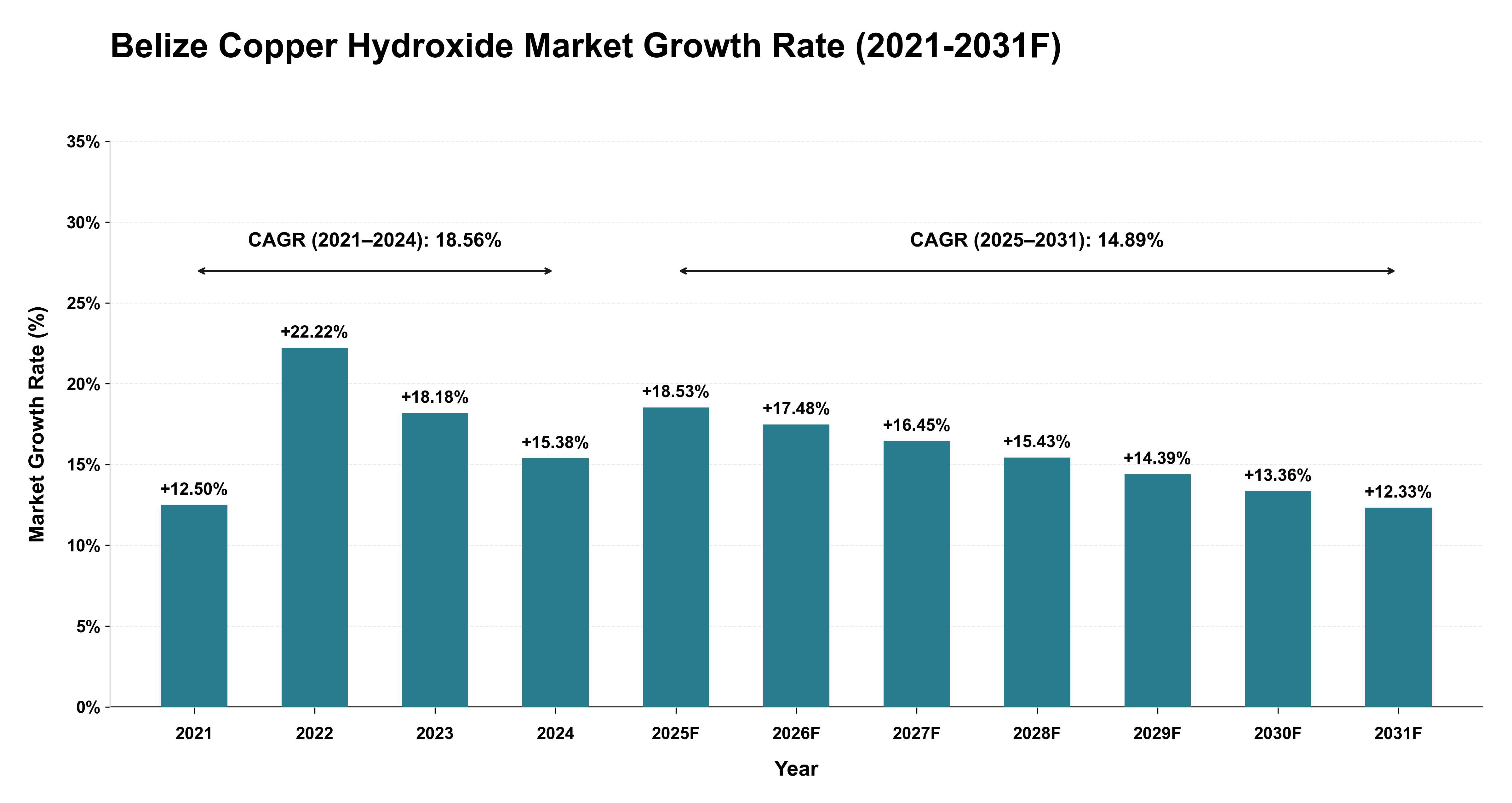 Belize Copper Hydroxide Market Year-wise Growth Rate (2021-2031F)