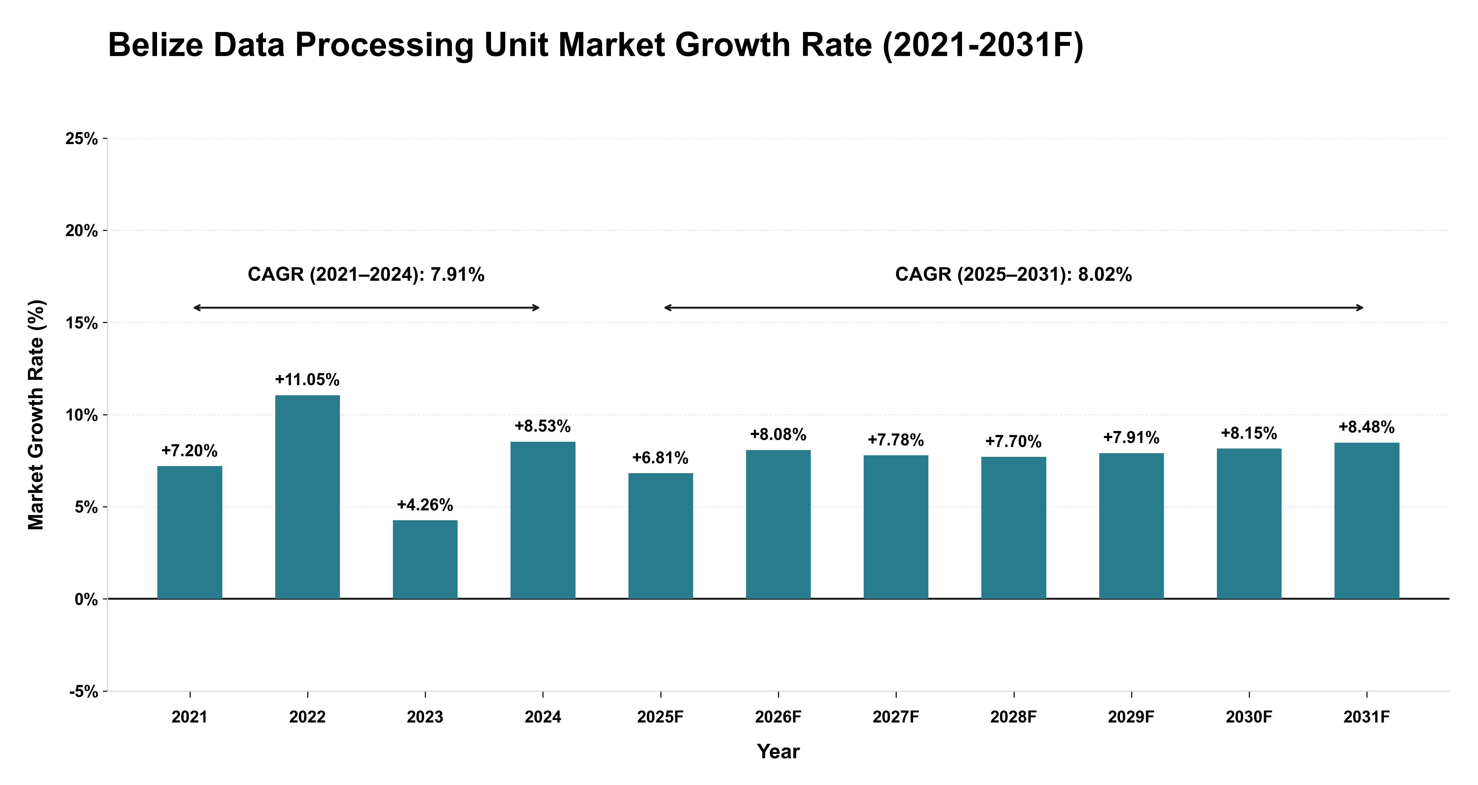 Belize Data Processing Unit Market Year-wise Growth Rate (2021-2031F)