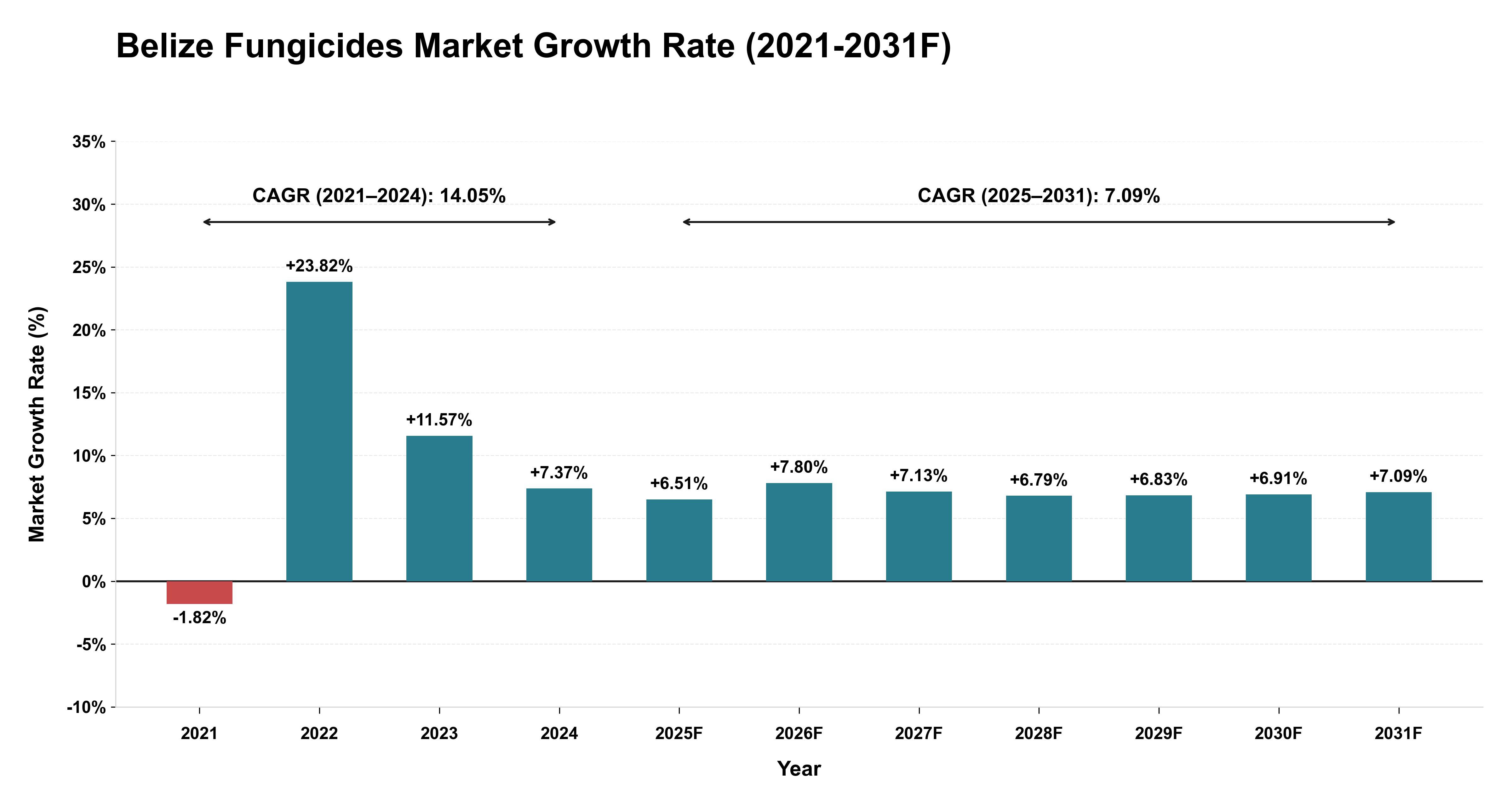 Belize Fungicides Market Year-wise Growth Rate (2021-2031F)