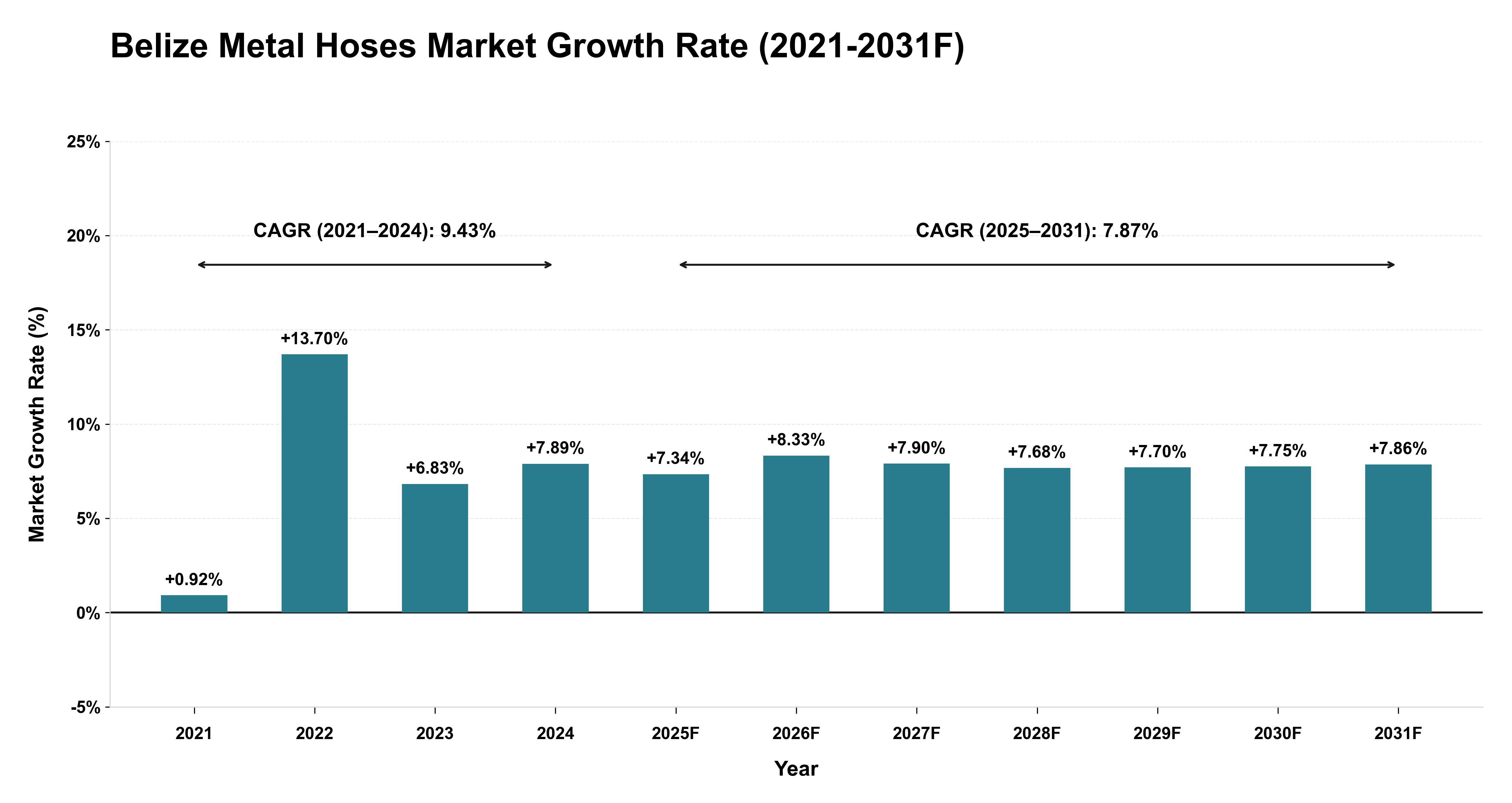 Belize Metal Hoses Market Year-wise Growth Rate (2021-2031F)