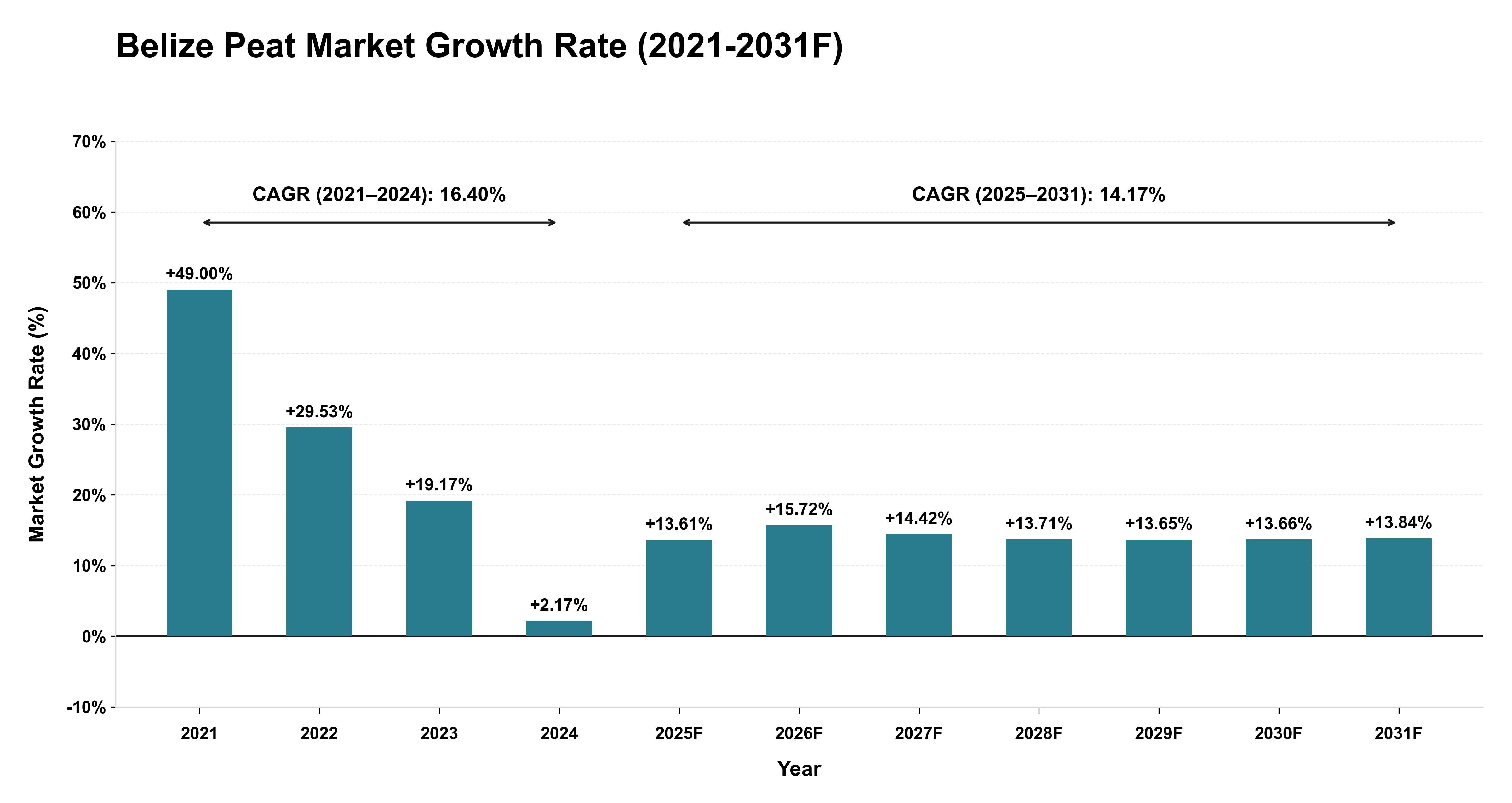 Belize Peat Market Year-wise Growth Rate (2021-2031F)