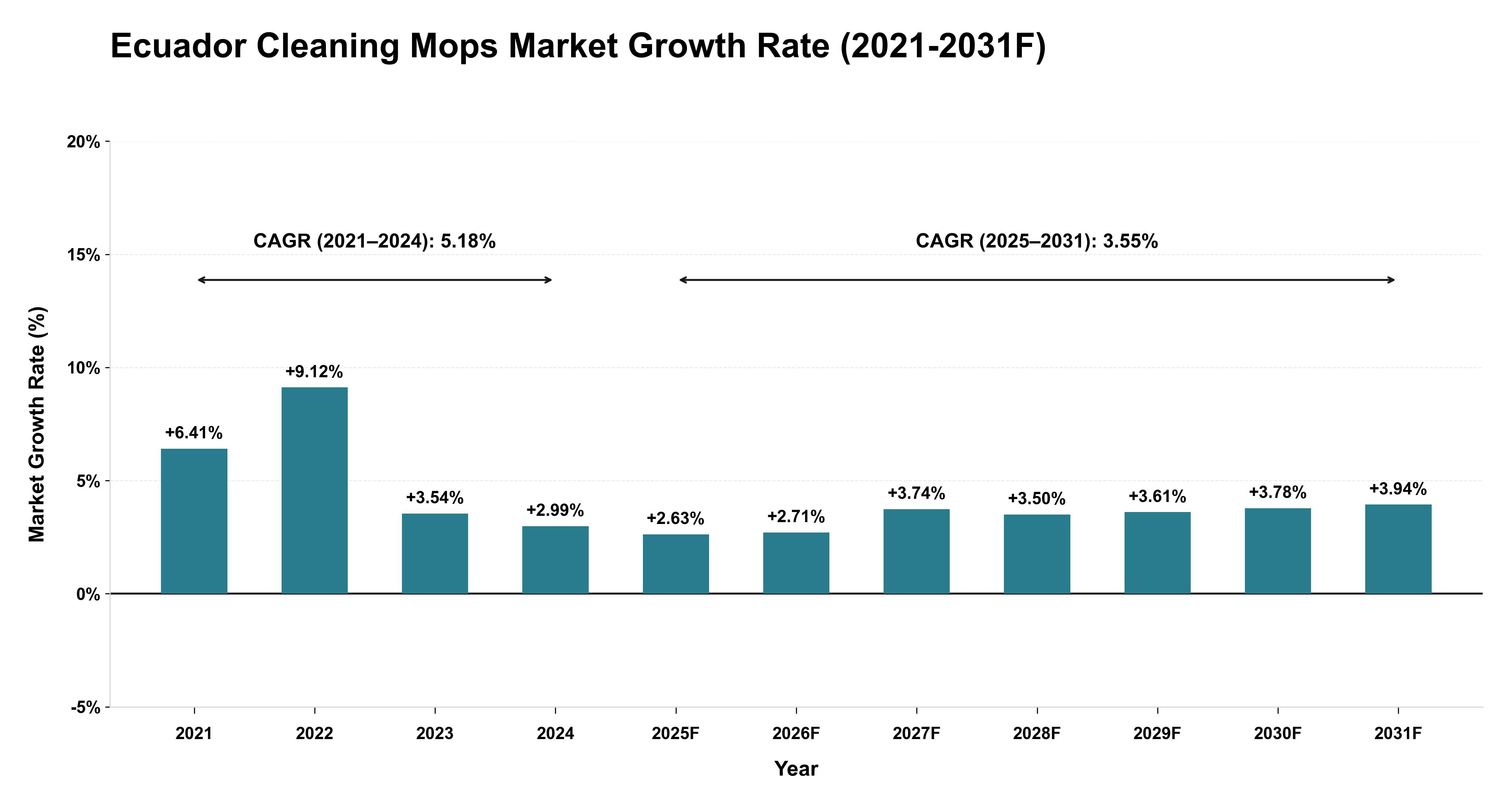 Ecuador Cleaning Mops Market Year-wise Growth Rate (2021-2031F)