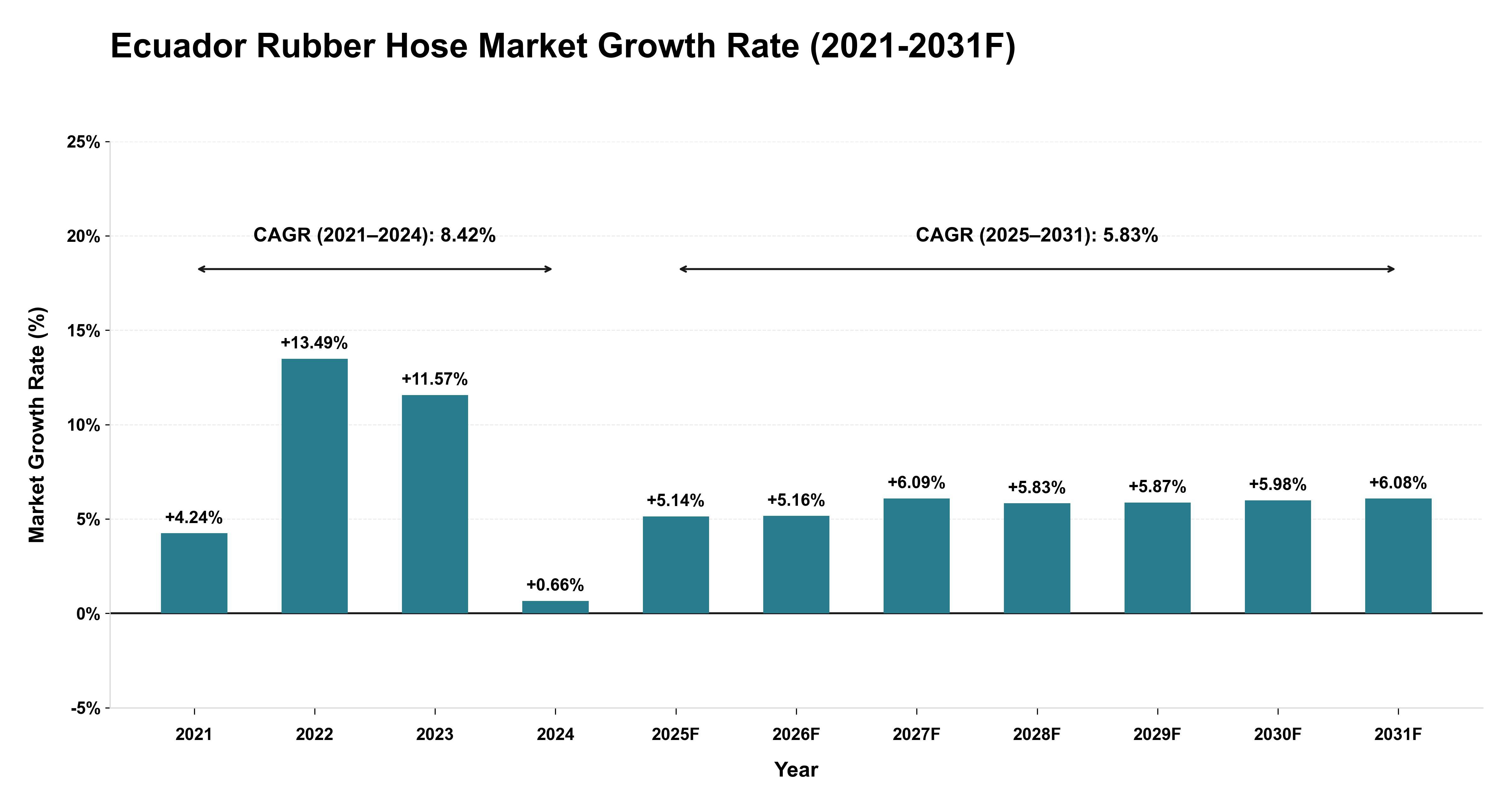 Ecuador Rubber Hose Market Year-wise Growth Rate (2021-2031F)