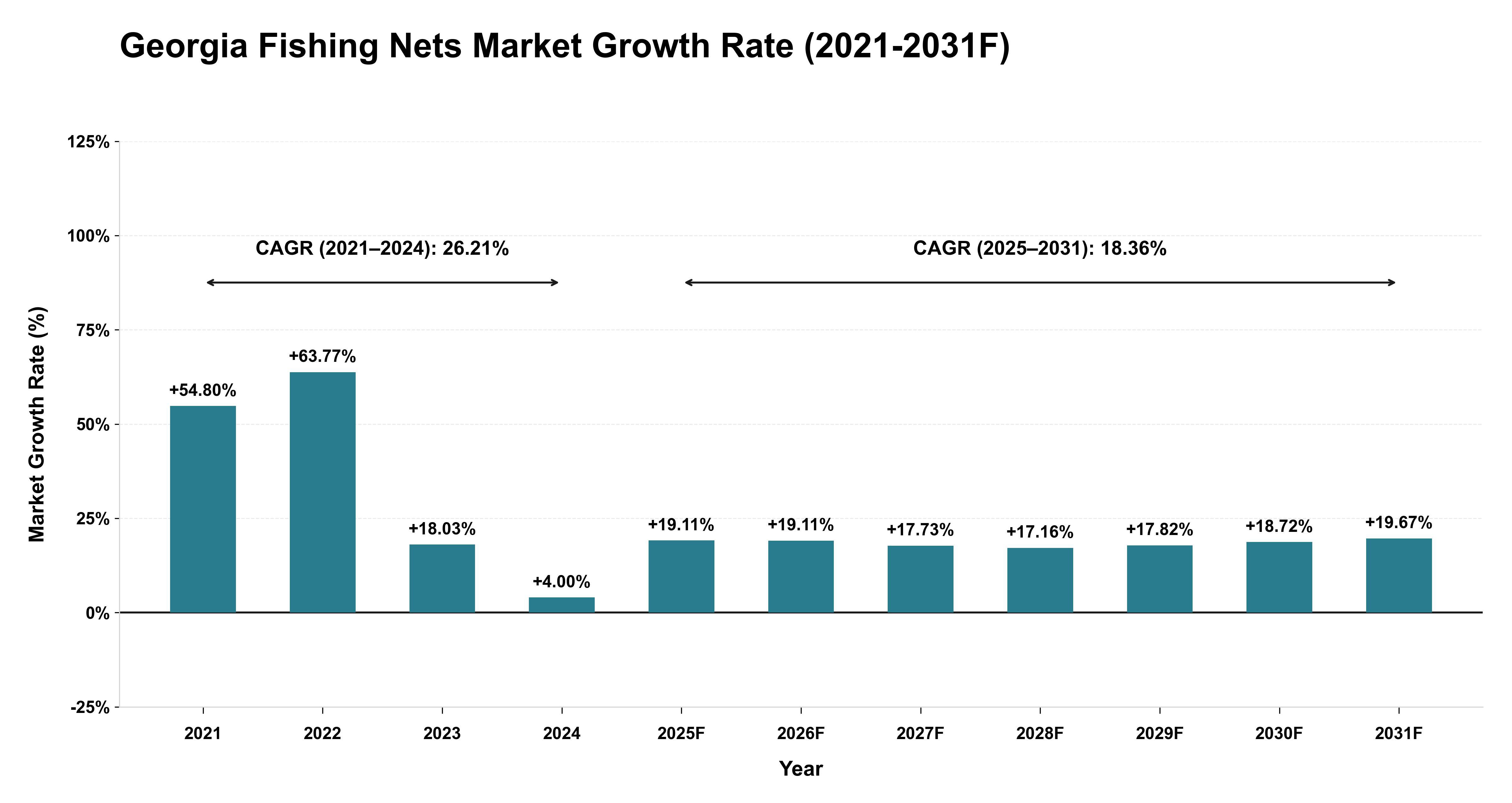 Georgia Fishing Nets Market Year-wise Growth Rate (2021-2031F)