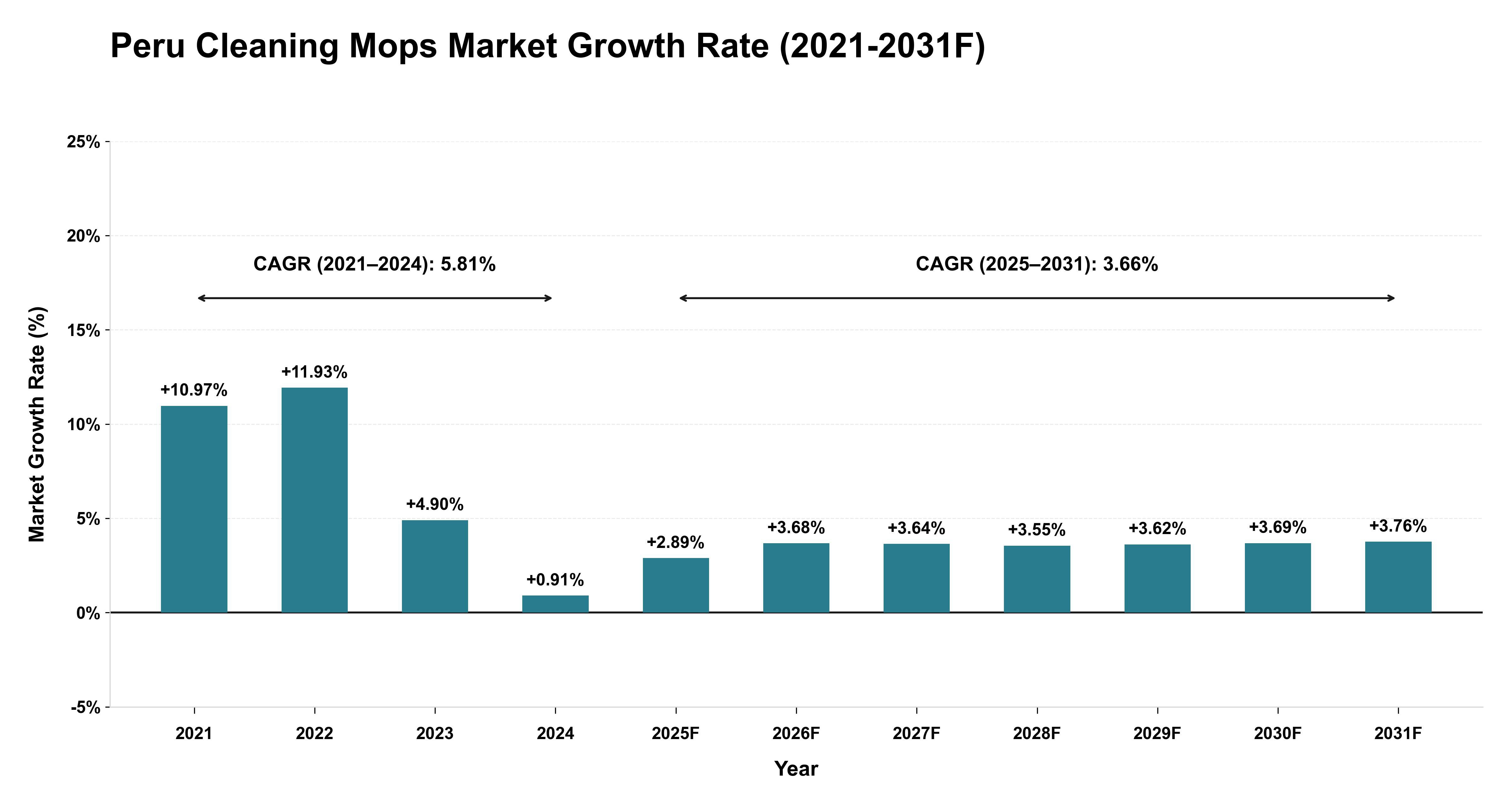 Peru Cleaning Mops Market Year-wise Growth Rate (2021-2031F)